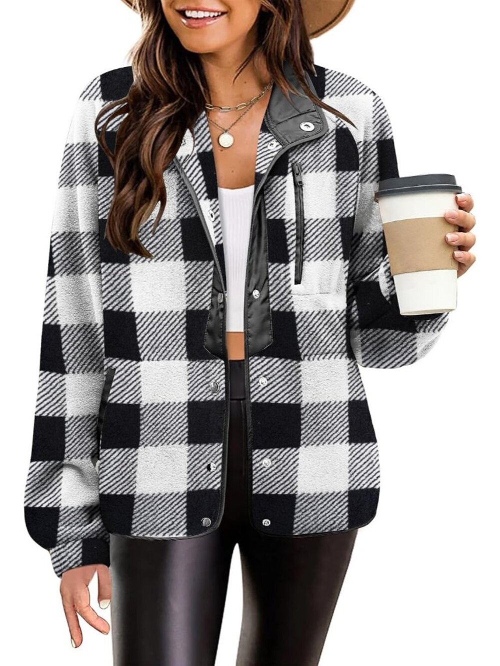 Women's White Black Fleece Jacket Western Aztec Print Snap Button Down Outerwear